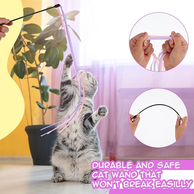 Cat Ribbon Wand Toys, 3pcs Interactive Cat Rainbow Wand String Toys for Indoor Cats Colorful Ribbon Charmer for Kittens Teaser Training Exerciser Playing Catcher Accessories