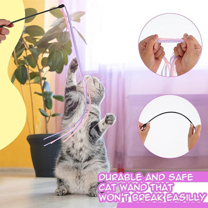 Cat Ribbon Wand Toys, 3pcs Interactive Cat Rainbow Wand String Toys for Indoor Cats Colorful Ribbon Charmer for Kittens Teaser Training Exerciser Playing Catcher Accessories