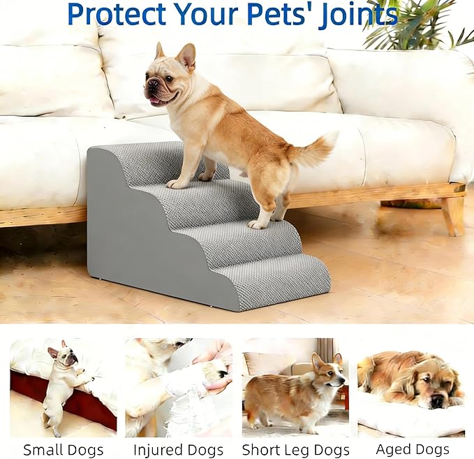 Simple Deluxe Dog Stairs for Small Dogs, 4-Step Curved Dog Step for Puppy, Older Cat, Medium Pet Ramp for Sofa, Couch or Chair, Indoor Non-Slip Pet Ladder with High Density Foam, Gray