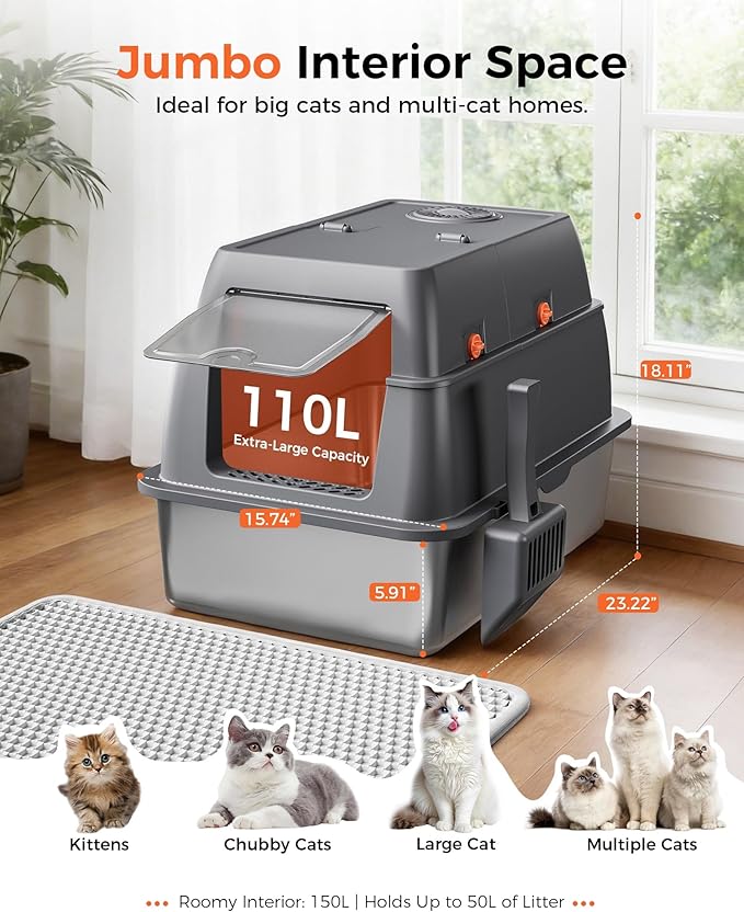 GTPLAYER XXL Stainless Steel Cat Litter Box with Lid, High Sided Enclosed Covered Litterbox, Activated Carbon Odor Control, Extra Large Metal Cat Box, Non-Stick, with Mat & Scoop, Grey