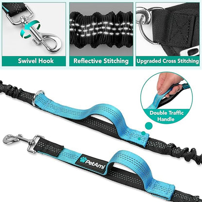 PetAmi Premium Hands Free Dog Leash for 2 Dogs, Adjustable Waist Belt for Dog Walking, Fanny Pack Accessories Bag Dual Bungee for Running, Hiking, Jogging, Biking, Turquoise Blue