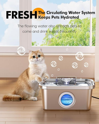 Dog Water Fountain, 2 Gallon 304 Stainless Steel Large Pet Water Fountain for Dogs & Cats, Ultra Quiet Indoor Pet Fountain, Safety Lock, 3 Replacement Filters Included, Smart Pump Protection