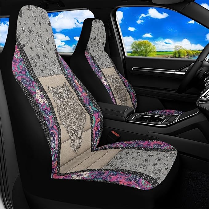 Owl Car Front Seat Covers Waterproof Universal Front Seat Cover Boho Floral Removable Automotive Accessories Suitable for Cars, SUV and Trucks