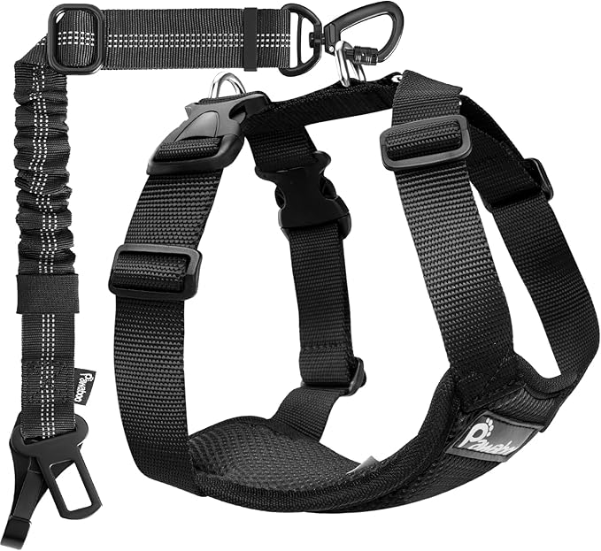 Pawaboo Dog Seat Belt Harness for Car, Dog Car Harness Seatbelt with Double Clips, Adjustable Breathable Pet Vest & Dogs Safety Tether with Elastic Bungee for Small Medium Large Pet, XL, Black
