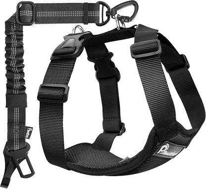 Pawaboo Dog Seat Belt Harness for Car, Dog Car Harness Seatbelt with Double Clips, Adjustable Breathable Pet Vest & Dogs Safety Tether with Elastic Bungee for Small Medium Large Pet, XL, Black
