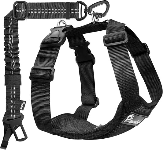 Pawaboo Dog Seat Belt Harness for Car, Dog Car Harness Seatbelt with Double Clips, Adjustable Breathable Pet Vest & Dogs Safety Tether with Elastic Bungee for Small Medium Large Pet, S, Black