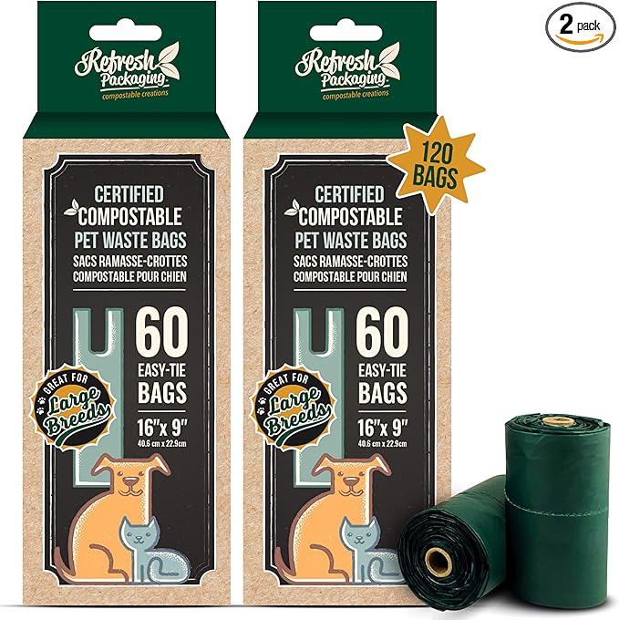 Pet Compost Waste Bags - 100% Certified Compost Dogs Poop Bag - Garbage Holder With Handles - Cat & Dog Poo Litter Disposable Bag - 2 Pack - 60 Bags Per Box