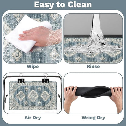 Pet Dog Cat Food Mat, Non Slip Bowl Mats for Food and Water, Absorbent Boho Dogs Cat Feeding Mat Puppy Pet Placemats for Floors Indoor Pets Accessories Supplies 17 * 30 inch, Retro Blue
