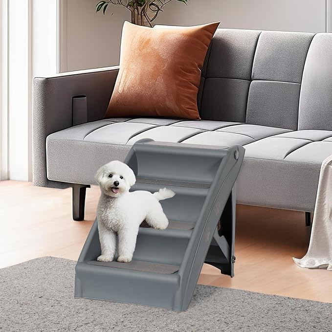 Pet Stairs for Small Dogs and Cats 4-Step Portable Folding Dog Steps Anti-Slip Ladders for High Bed Couch Sofa Climbing, Gray
