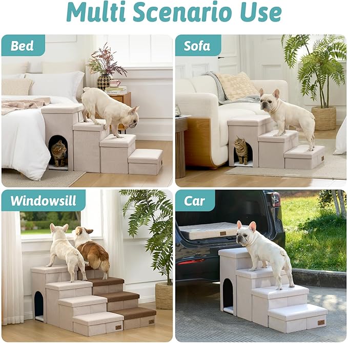 Dog Stairs with Storage, 3-Step Wider Sturdy Dog Steps for Small/Medium/Large Dogs and Older Cats, Doggie Ramp with Condo for Bed/Couch/Car Hold Up to 180 lbs (17.7" H, Beige)