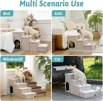 Dog Stairs with Storage, 3-Step Wider Sturdy Dog Steps for Small/Medium/Large Dogs and Older Cats, Doggie Ramp with Condo for Bed/Couch/Car Hold Up to 180 lbs (17.7" H, Beige)