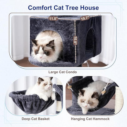 Cat Tree, Cat Tower for Large Cats with 2 Big Platforms, 2 Baskets, condo and Toys, 63" Cat Scratching Posts for Indoor Cats, Smoky Gray GCT020G
