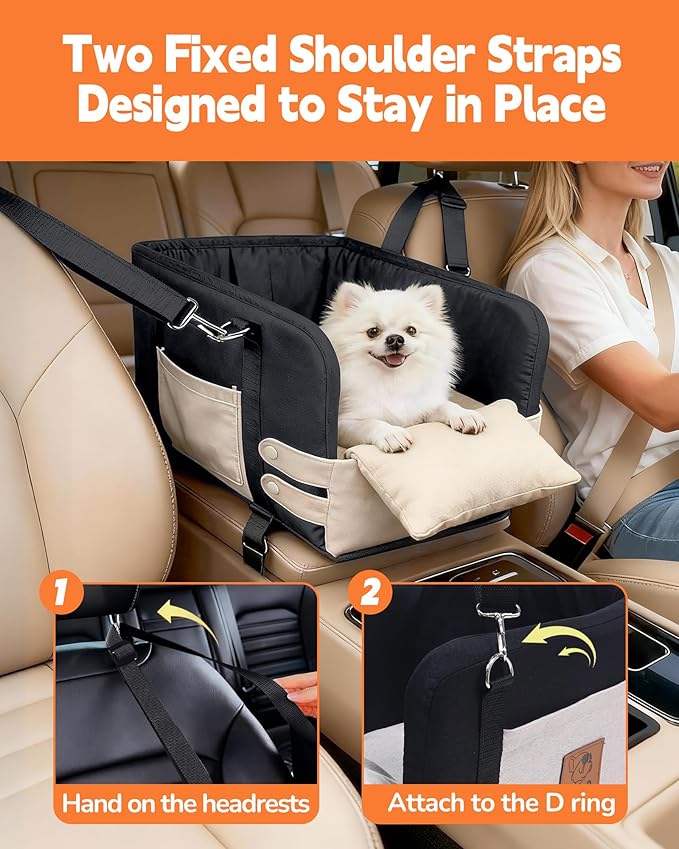 JZXOIVA Console Dog Car Seat & Travel Bed for Small/Medium Dogs, Booster Dog Car Seat with Safety Tether, Non-Slip Base, Washable Cover, Front or Back Seat Pet Carrier Bed, Black