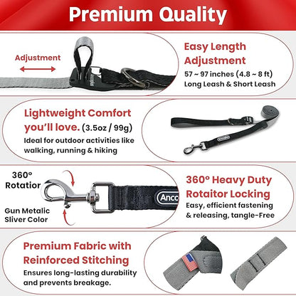 Hands Free Dog Leash, Multifunctional Crossbody Running for Dogs, Ultra-Light Dog Training Leash with Secure Clip, Short & Long Leashes, Adjustable Service Dog Leashes (Black Gray)