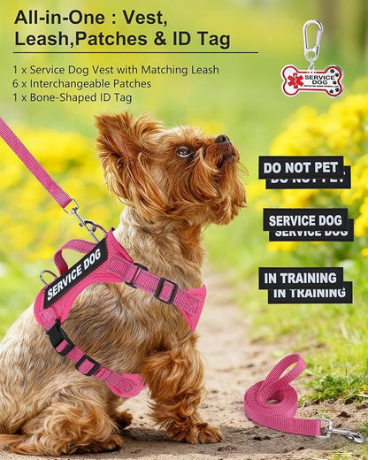 Service Dog Vest for Small Breed Dogs with ID Tag – Lightweight Puppy Harness and Leash Set with 6 PCS Patches, Ideal Service Animal Vest for Training, Complete Service Dog Gear, Hot Pink, XS