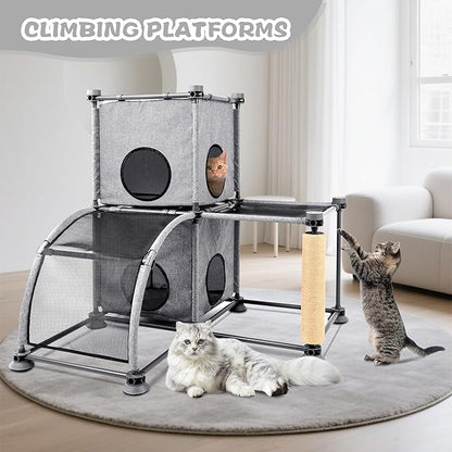 Large Cat Hamock Bed with Scratching Post – Multi-Level Cat Tree with House Condos & Ladder for Indoor/Outdoor Use+Grey/Two-Tier
