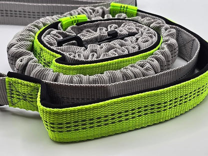 Hands Free Dog Leash with Adjustable Waist Belt, Dual Padded Handles, Elastic Bungee Ropes for Small to Large Dogs, Reflective Stitches for Walking, Hiking, Running and Biking. (Gray/Green, Large)