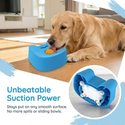 Dog Lick Bowl for Liquid Treats with 4 Powerful Suction Cups, Slow Feed Dog Bowl with Rolling Core, Food‑Grade Rubber Licking Bowl for Bone Broth & Yogurt,Anti‑Slip Base for Puppies and Dogs (Blue)