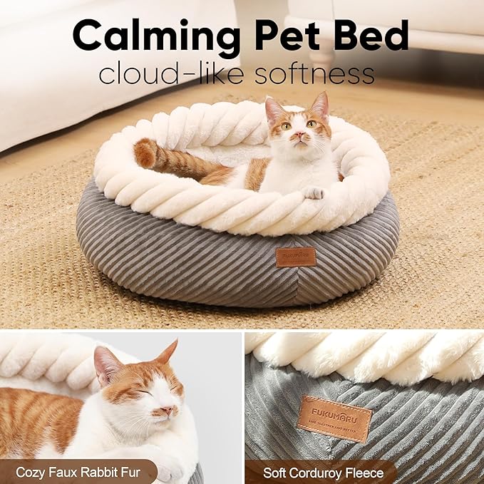 FUKUMARU Cat Bed, Calming Donut Dog Beds, Plush Faux Fur&Corduroy Cat Beds, Cute Round Washable Pet Bed for Large Cats and Small Dogs, Cat Cave with Anti-Slip Bottom, 21inch, Grey