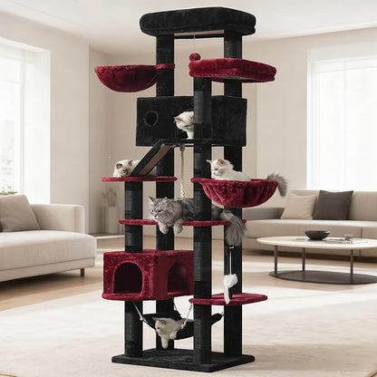 Gothic Cat Tree for Large Cats, 78.7"(200cm) Tall Cat Tower for Indoor Cats Multiple Cats with Large Top Perch, Cat Condo, Cat Hammcok, Cat Scratching Post, Black and Red GCT031BR
