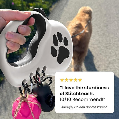 Award-Winning Retractable Dog Leash for Large and Extra Large Dogs (Max 110 lbs) Clip & Go System, Reflective Tape and Ergonomic Handle Includes Clips Poop Bag Holder and Dispenser, White