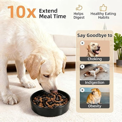 Ceramic Slow Feeder Dog Bowls Large Breed, 2 Cups Slow Eating Dog Bowl, Anti-Gulping Pet Food Bowl Reduce Choking, Heavy Puzzle Maze Design Pet Dishes for Fast Eaters, 8.3 inch - Black