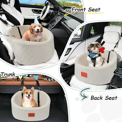 Lealchum Dog Car Seat for Small Dogs Up to 30 Lbs,Ultra Soft Fabric Fill in Comfy Memory Foam,Happy Pet Ride,2 Safety Dog Leashes,Fully Detachable and Washable,Anti Slip Base(Beige)
