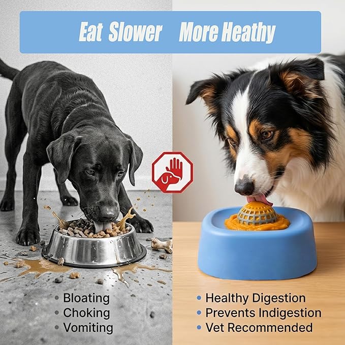 Slow Feeder Dog Bowls for Liquid with Rolling Ball, Interactive Lick Bowl Anti-Slip Slow Feeder for Wet Food, Water & Treats Lick Toy for Dogs Cats Large Medium Small (Style1-Black+Blue)