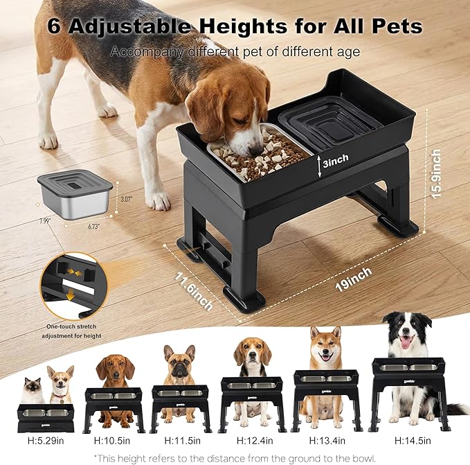 3-in-1 Raised Dog Bowl - 6 Height Adjustable Elevated Dog Bowls, Double Deck Design Mess Proof, Feeding Station with 2L No Spill Stainless Steel Bowls & Licking Plate for Medium Large Pets