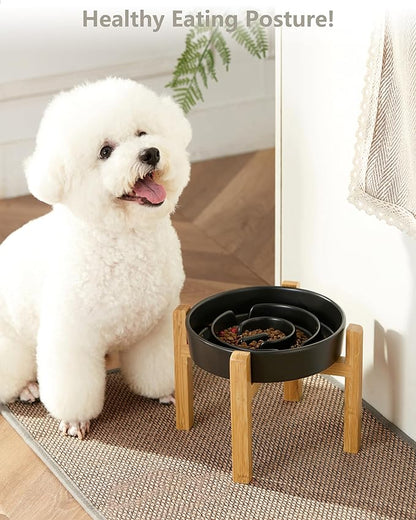 Ceramic Slow Feeder Dog Bowls Elevated, 2.0 Cups Slow Feeder for Medium Dogs, Puzzle Maze Bowl to Slow Down Eating, 30oz, 8in, Black
