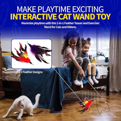 Pet Fit For Life Cat Feather Wand Toys – Interactive Cat Wand Toy for Indoor Pets | 2 Feather Attachments | Promotes Animal Health & Fitness, Made w/Soft & Durable Materials | Gift (Red)