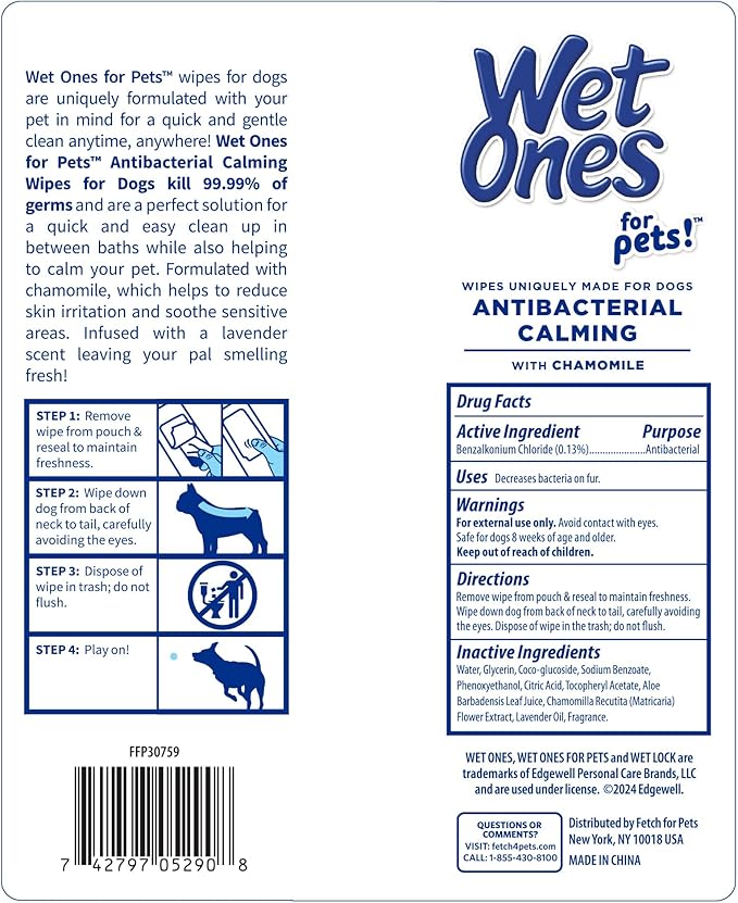 Wet Ones for Pets Antibacterial Calming Wipes with Chamomile, Lavender Scent - Dog Cleaning Wipes - Scented, Durable and Disposable Dog Wipes for Paws, 30 Count