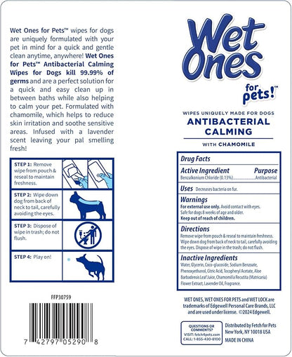 Wet Ones for Pets Antibacterial Calming Wipes with Chamomile, Lavender Scent - Dog Cleaning Wipes - Scented, Durable and Disposable Dog Wipes for Paws, 30 Count