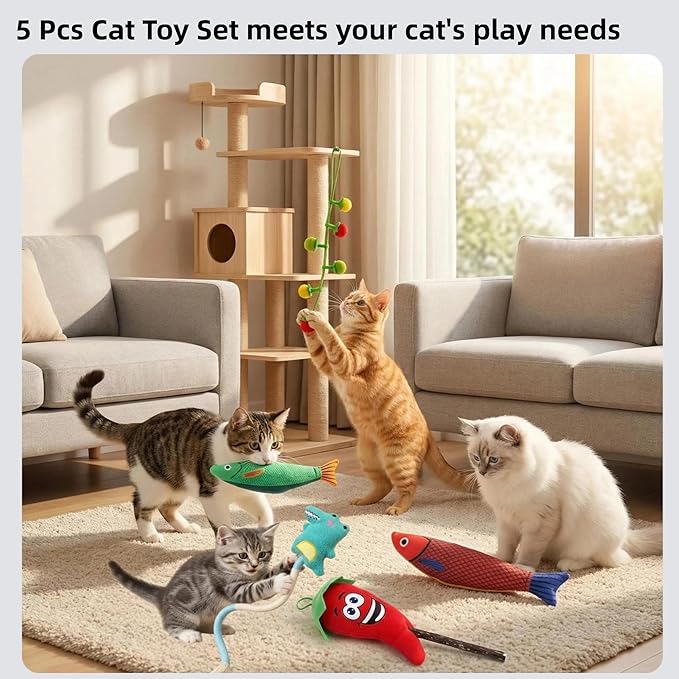 5 Pcs Catnip Toys for Indoor Cats, Hanging Tomato Toy with Hook, Natural Silvervine Chili & Dino Rope for Kitten Teething, 2 Plush Fish for Hairball Relief & Anxiety, Dental Chew Set