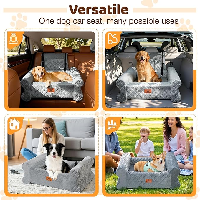 Dog Car Seat for Medium/Large Dogs up to 60 lbs, Memory Foam Dog Booster Seat with Thick Cushion, Pet Car Seat for Back with Detachable Washable Cover, Storage Pockets for SUV, Pick Up, Trunk, Grey