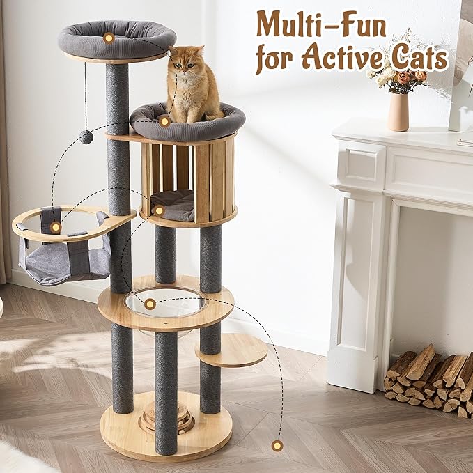 Modern Cat Tree Tower with Scratching Post, 61.5in Tall Cat Tree for Indoor Cats, Multi-Level Solid Wood Cat Furniture with Cozy Cat Beds, Cat Condo, Hammock, Capsule Nest, Turntable Toy, Gray