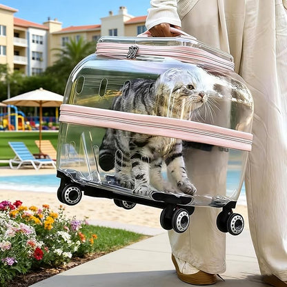 Pet Carrier with Wheels, 360° Rotating Castors, Foldable Dog & Cat Travel Suitcase, Portable and Breathable Pet Carrier with Transparent Window and External Handle Gray