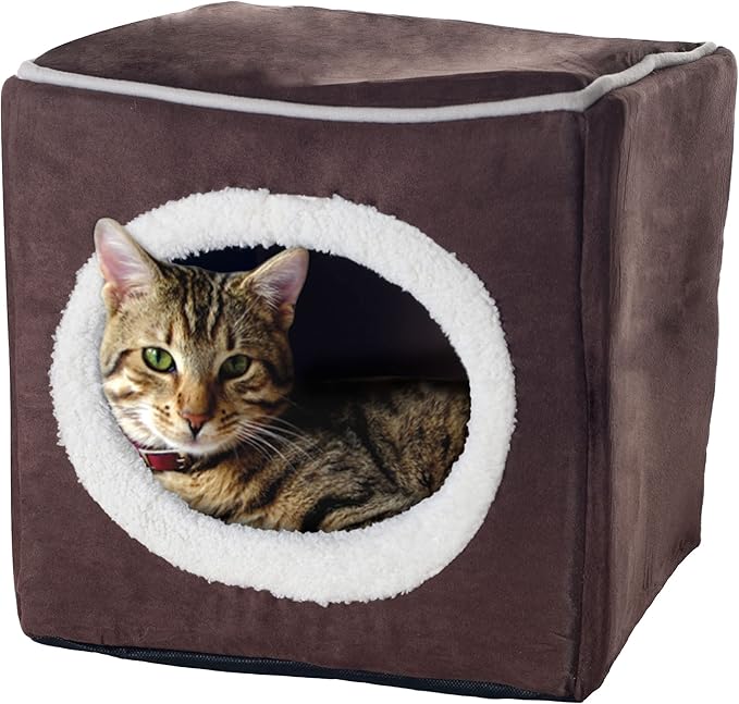 Cat House - Indoor Bed with Removable Foam Cushion - Cat Cave for Puppies, Rabbits, Guinea Pigs, and Other Small Animals by PETMAKER (Dark Brown) 13x13.5x12"