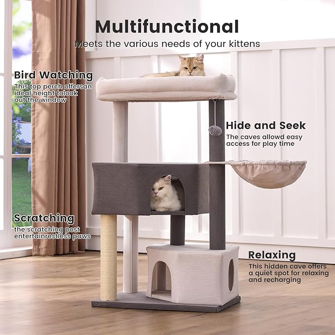 Gardner Pet 41" Cat Tree Corduroy for Medium-Large Cats, Heavy Duty Cat Trees Towers with 2.8in Posts & Washable Top Perches, Easy to Assembly