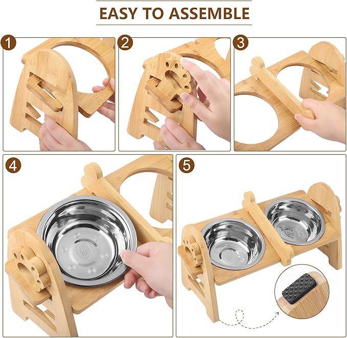 MCEAST Elevated Cat Bowls, Adjustable Raised Dog Bowls Stand with 2 Pieces 304 Stainless Steel Bowls, Bamboo Pet Elevated Bowl Cat Feeder for Newborn Cats Dogs Pets from 4.4 to 11 Pounds