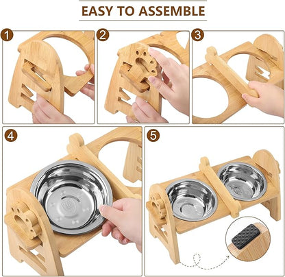 MCEAST Elevated Cat Bowls, Adjustable Raised Dog Bowls Stand with 2 Pieces 304 Stainless Steel Bowls, Bamboo Pet Elevated Bowl Cat Feeder for Newborn Cats Dogs Pets from 4.4 to 11 Pounds