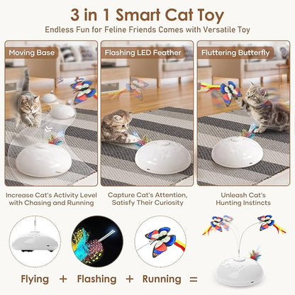 Cat Toy, Interactive 3 in 1 Moving Cat Toys with Butterfly, Feather, LED Light, Rechargeable, Automatic Sensing Kitty Teaser Wand (White)