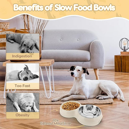 Pets Double Slow Feeder Bowls, Cats & Dogs Food Water Bowls, Stainless Steel Puppy Food and Water Dishes Non-Skid, Pet Feeding Bowl for Small Dogs Puppy Cat (White)