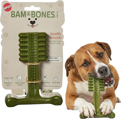 SPOT Bam-Bones Plus Toothbrush Dog Chew Toy, Durable Bamboo Fiber & Nylon Dental Chew, Fresh Mint & Baking Soda for Dental Care, Easy-to-Grip T-Bone Shape, for Heavy Chewers Under 60 lbs, 6 Inch