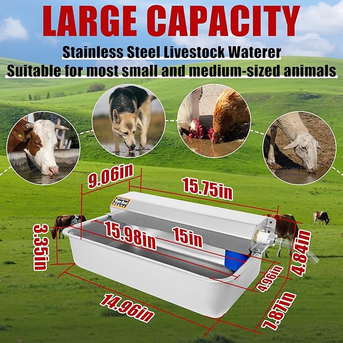 Automatic Dog Water Dispenser 2 Gal/7.57L Outdoor Dog Water Bowl Auto-Fill Water Feeder Stainless Steel Large Livestock Waterer Fit 3/4" GHT Faucet Wide Mouth Wall/Ground Mount