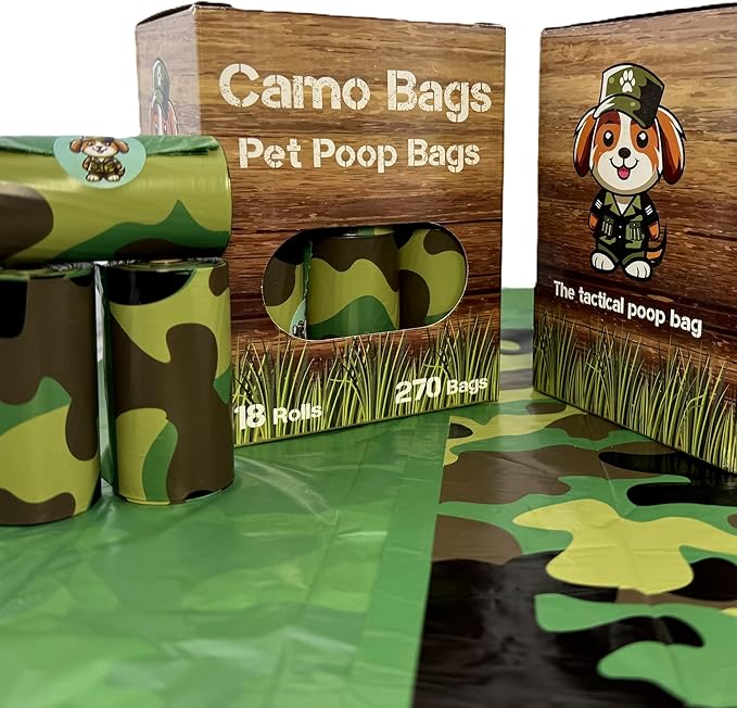 Pet poop bags with a camouflage pattern. Poop bags rolls for dog walking, dog-parks, and the yard.