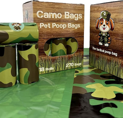 Pet poop bags with a camouflage pattern. Poop bags rolls for dog walking, dog-parks, and the yard.