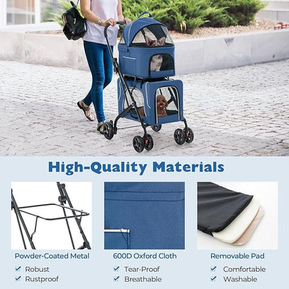 Double Dog Stroller for 2 Dogs, Detachable Carriers, Safety Belt, Lockable Wheels, Pet Travel Carrier Strolling Cart, Folding Cat Stroller for Small Medium Pets Dogs (Blue)