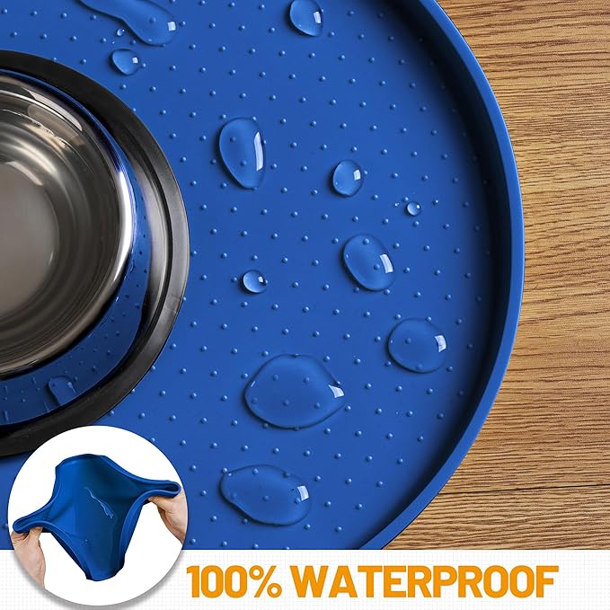 Hubulk 100% Waterproof Silicone Pet Feeding Mat with Raised Edge for Food and Water, Dog Bowl Mats, Cat Bowls Placemat with High Lip Protects Floor for Cats and Dogs (Navy Blue, 32" L x 24" W)