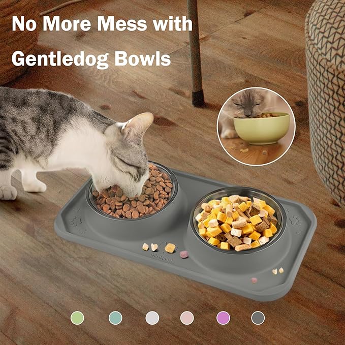 Cat Bowls for Food and Water, Upgrade Cat Food Bowls for Indoor Cats, Premium Removable Stainless Steel Double Bowls with Silicone Anti-Slip Pads, Water Bowl for Cats and Dog (Drak Grey)
